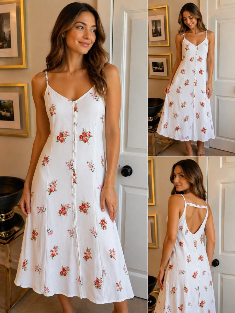 Forever 21 White Floral Maxi Dress with Pink & Red Blossoms